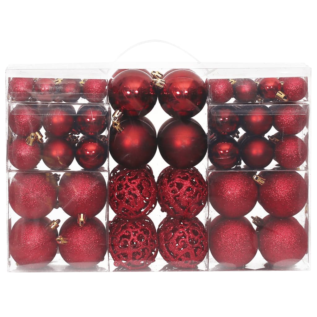 Set of 100 wine red shatterproof Christmas baubles in various sizes and finishes