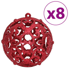 Set of eight wine red shatterproof Christmas baubles with glitter and openwork designs.