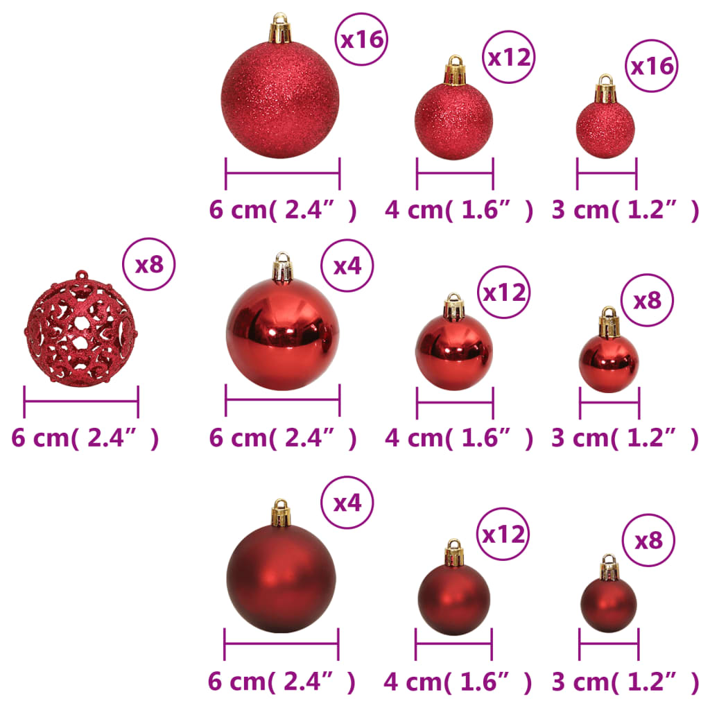 Set of 100 wine red shatterproof Christmas baubles in various sizes and finishes.