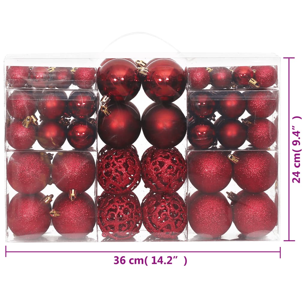 Set of 100 wine red shatterproof Christmas baubles in various sizes and finishes in clear box