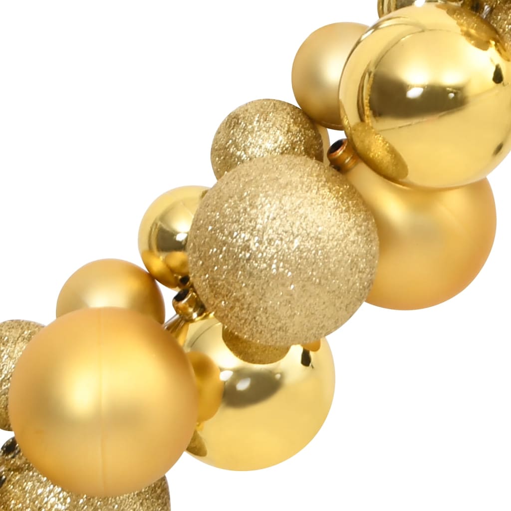 Gold polystyrene Christmas ball garland with shiny and matte finishes, 68.9 inches long.