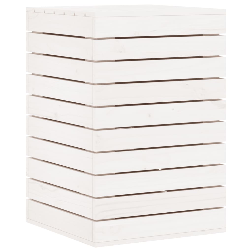 White solid pine wood laundry basket, 17.3x17.3x26 inches, with slatted sides and lid.