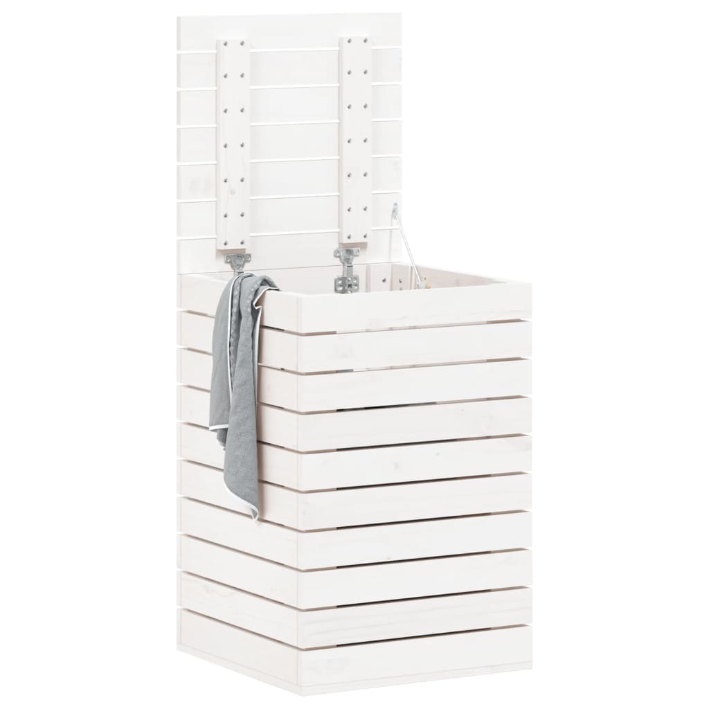 White solid pine wood laundry basket with lid and gray towel, 17.3x17.3x26 inches.