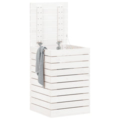 White solid pine wood laundry basket with lid and gray towel, 17.3x17.3x26 inches.