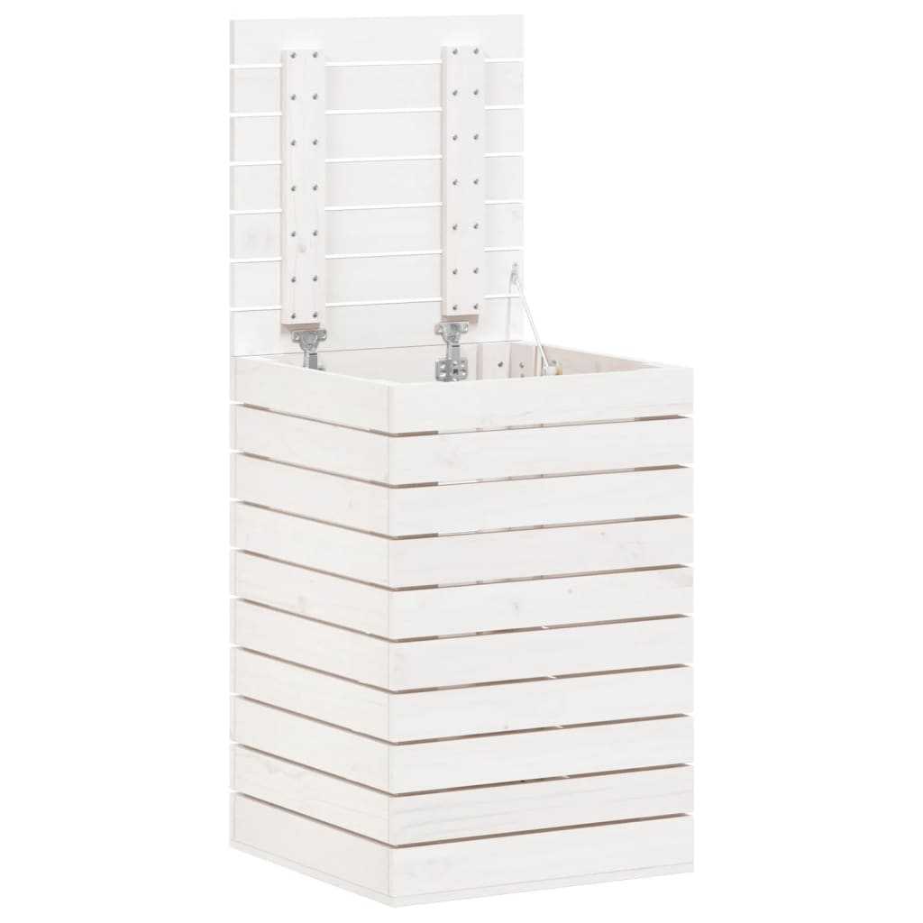 White solid pine wood laundry basket with lid and slatted sides, 17.3x17.3x26 inches.