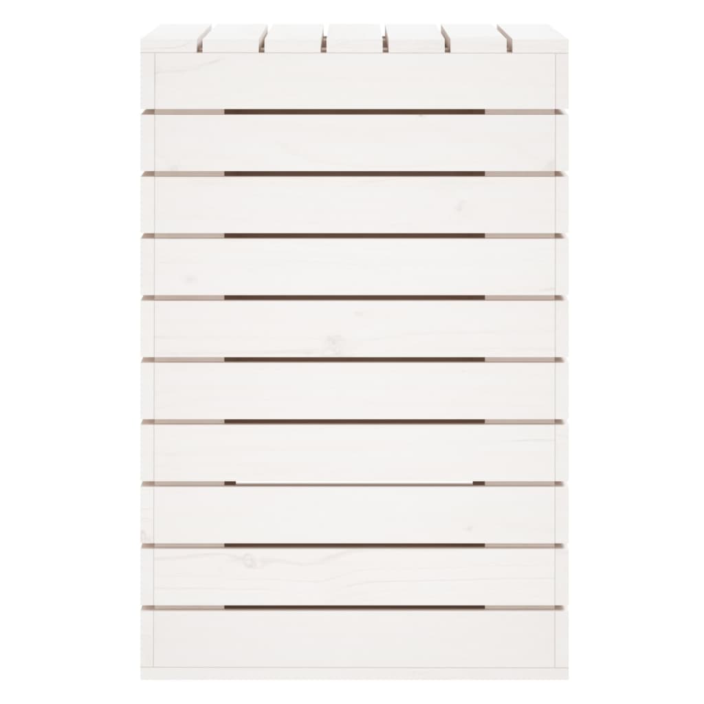 White solid pine wood laundry basket, 17.3x17.3x26 inches, with slatted sides and lid.