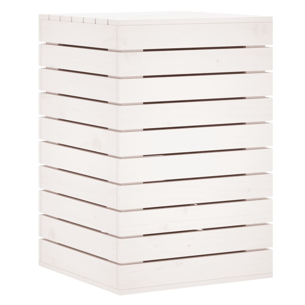 White solid pine wood laundry basket, 17.3x17.3x26 inches, with slatted sides and lid.