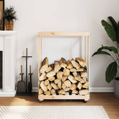 Solid pine wood log holder with wheels, holding stacked firewood beside a white fireplace.
