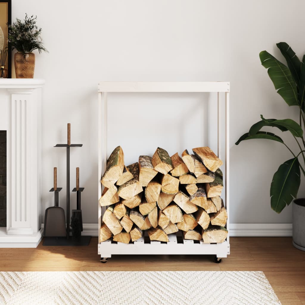 Log Holder with Wheels White 30.1x15.7x42.5 Solid Wood Pine