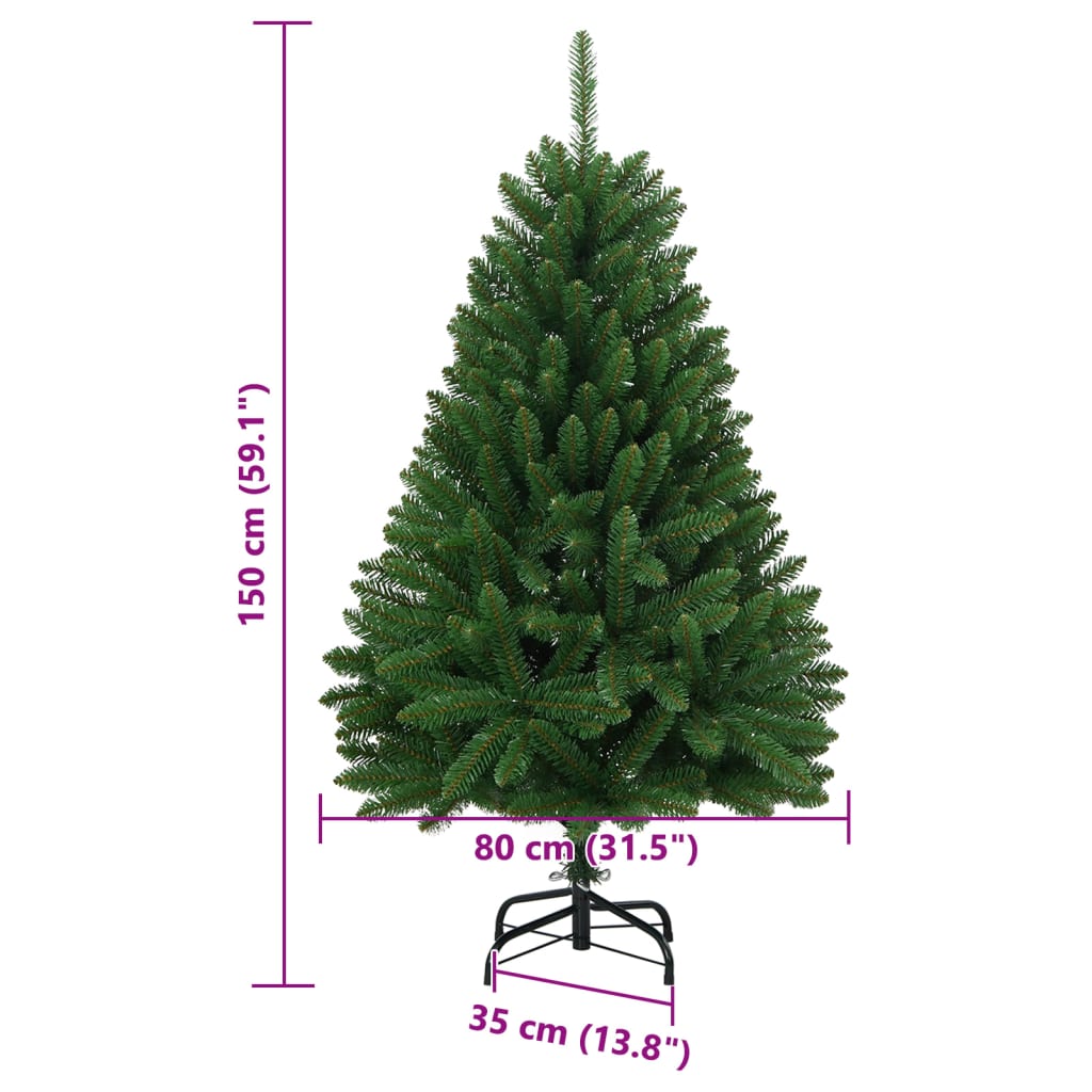 A green artificial Christmas tree with a black stand, measuring 150 cm (59.1") tall and 80 cm (31.5") wide at the base, with the stand being 35 cm (13.8") wide.