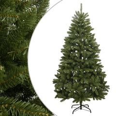 Green hinged artificial Christmas tree with lifelike branches and sturdy metal stand.