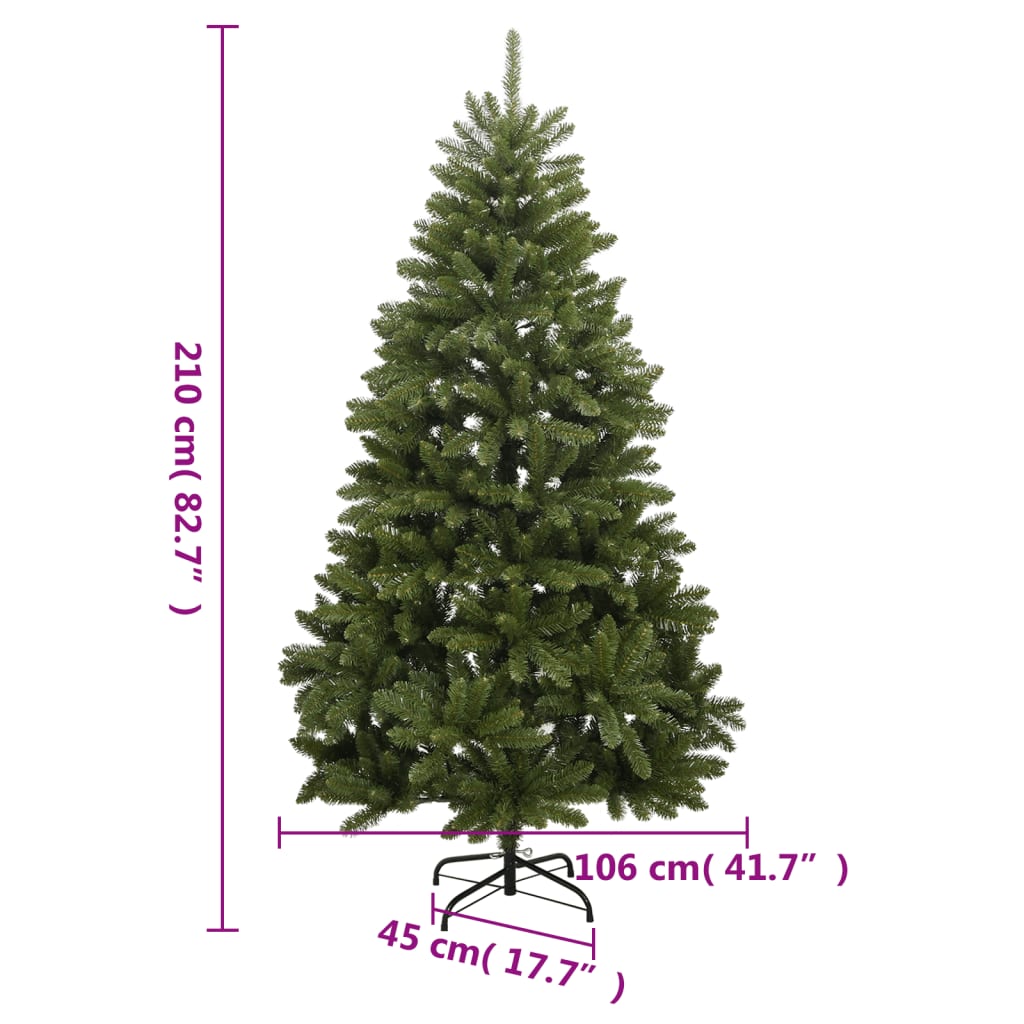 Green hinged artificial Christmas tree with 1,259 PVC tips and a sturdy metal stand.