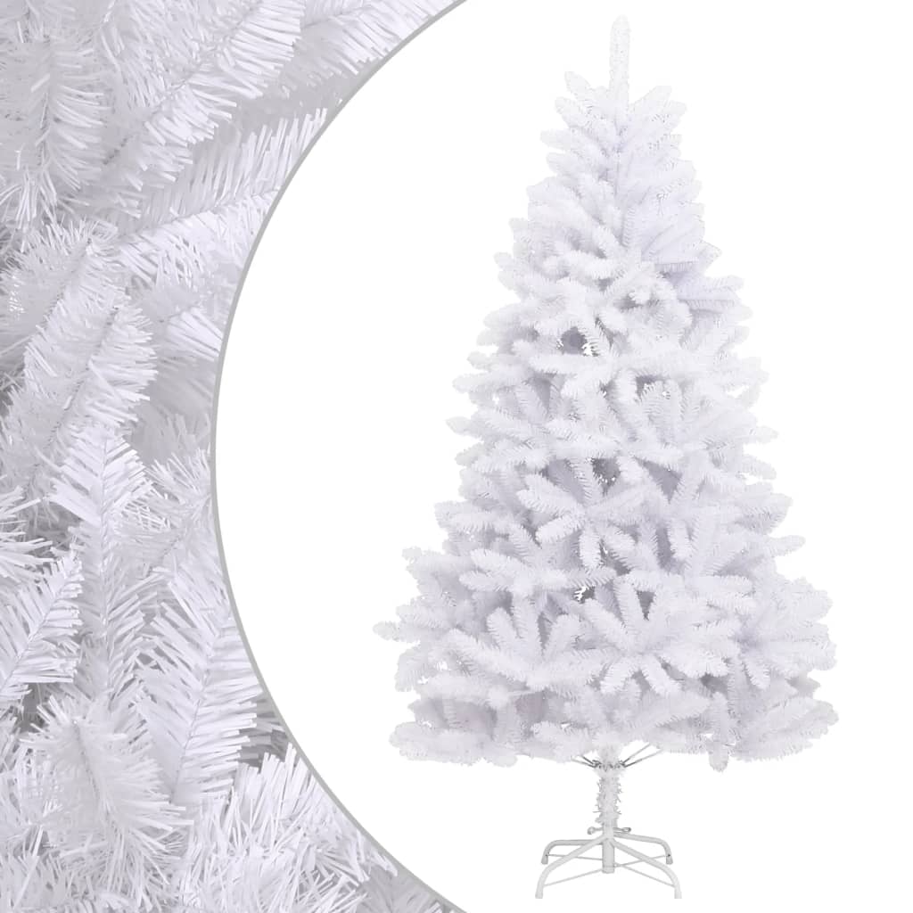 A 94.5-inch white artificial hinged Christmas tree with metal stand.