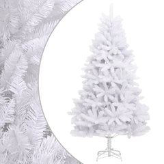 A 94.5-inch white artificial hinged Christmas tree with metal stand.