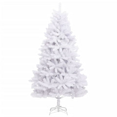 White artificial hinged Christmas tree with metal stand, 94.5 inches tall and full branches.