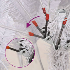 A 94.5-inch white artificial hinged Christmas tree with metal stand, showing branch assembly.