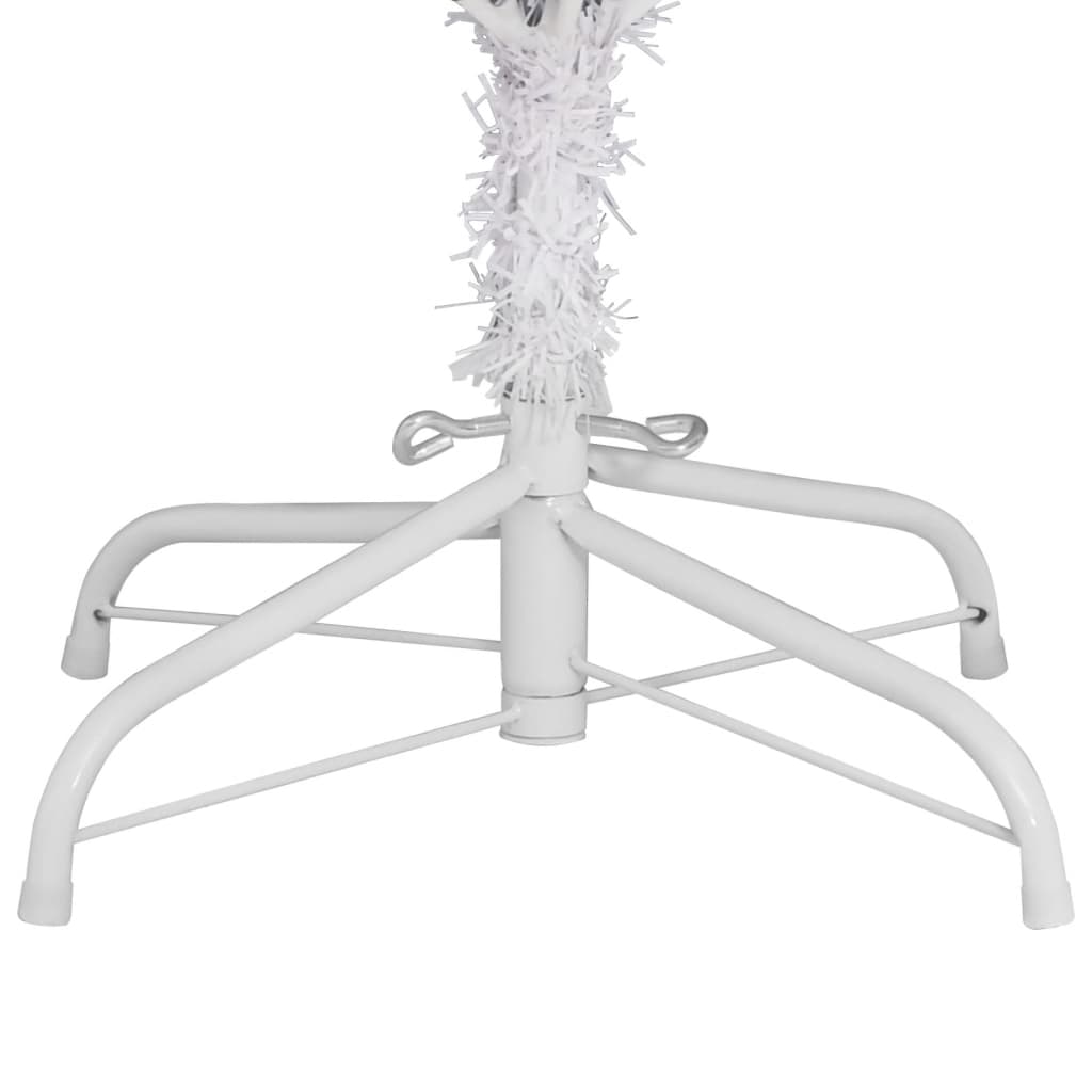 White artificial hinged Christmas tree with metal stand and snow-dusted branches, 94.5 inches tall