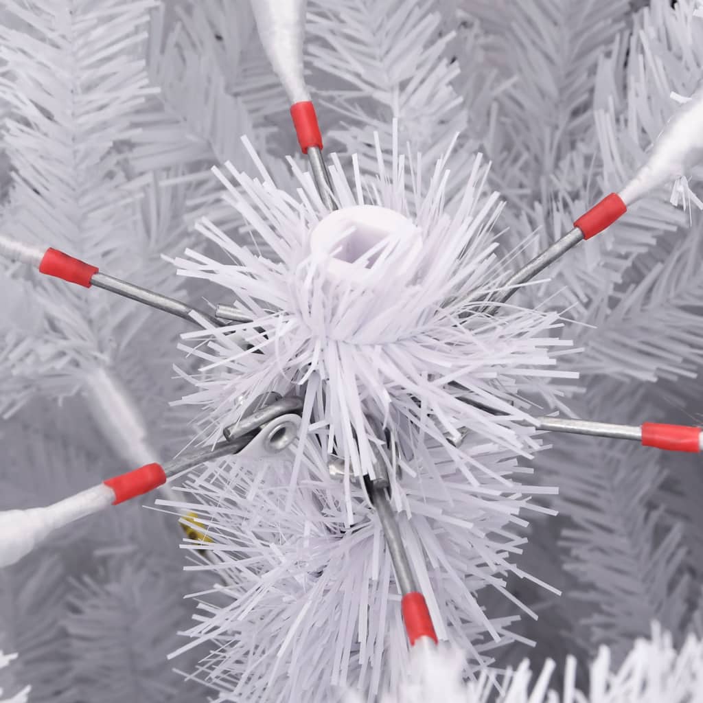 A 94.5-inch white artificial hinged Christmas tree with a sturdy metal stand and snow-like branches.