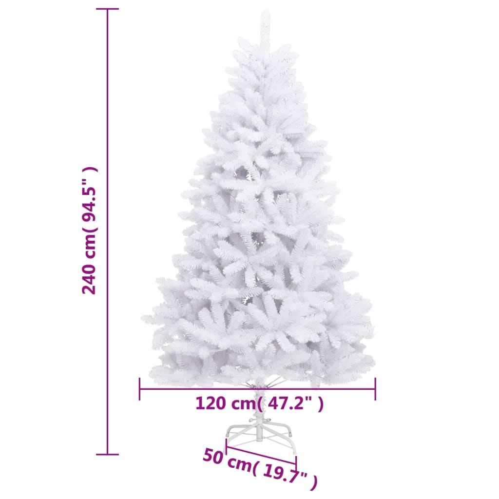 94.5-inch white artificial hinged Christmas tree with stand, measuring 47.2 inches wide at base.