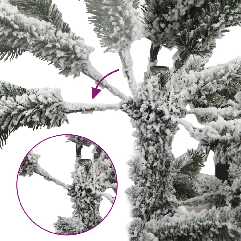 47.2-inch artificial hinged Christmas tree with flocked snow and assembly diagram.