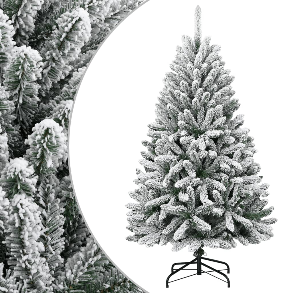 A 59.1-inch flocked artificial hinged Christmas tree in green with white snow tips on a metal stand.
