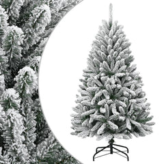 A 59.1-inch flocked artificial hinged Christmas tree in green with white snow tips on a metal stand.