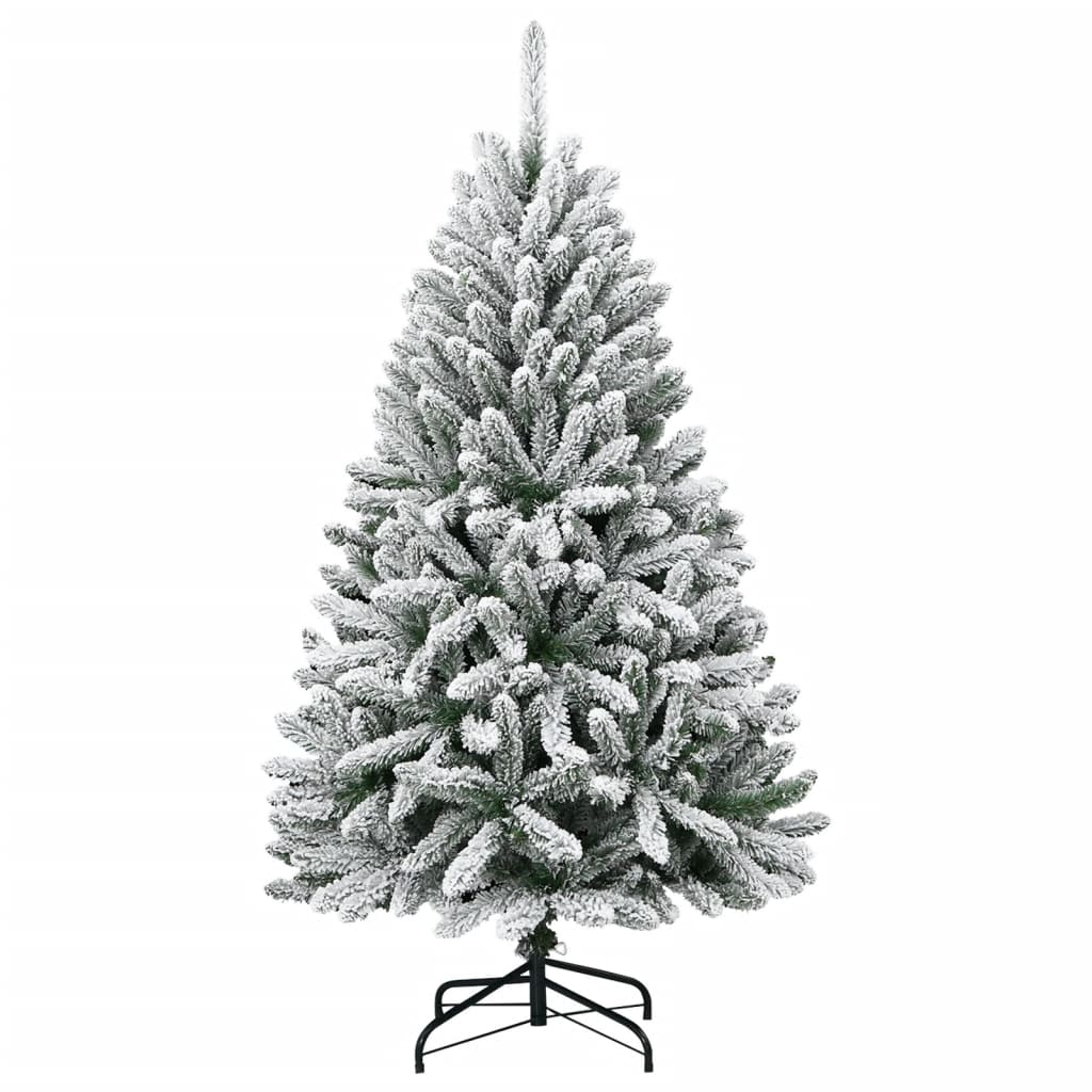 A 59.1-inch flocked artificial hinged Christmas tree in green with white snow tips on a metal stand.