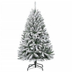 A 59.1-inch flocked artificial hinged Christmas tree in green with white snow tips on a metal stand.