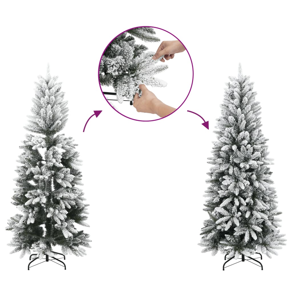 59.1-inch flocked artificial hinged Christmas tree in green and white with metal stand.