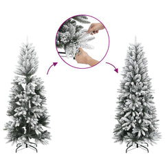 59.1-inch flocked artificial hinged Christmas tree in green and white with metal stand.