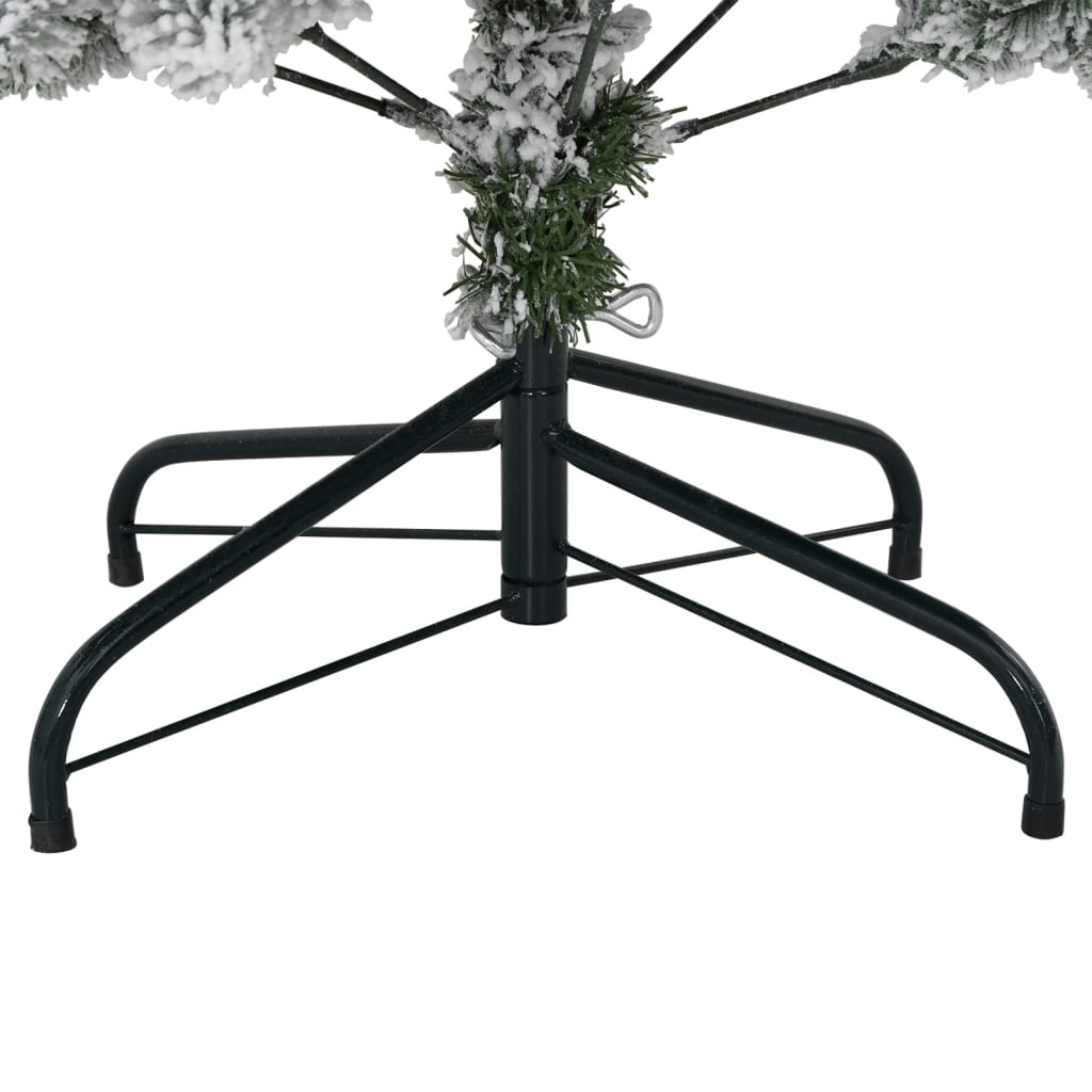 59.1-inch flocked artificial hinged Christmas tree with green branches and white snow on a black metal stand.