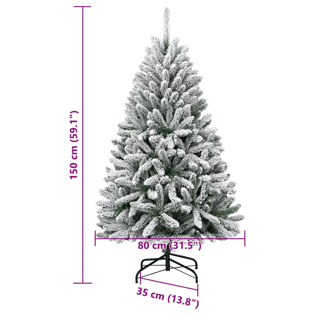 59.1-inch flocked artificial hinged Christmas tree in green and white with measurements.