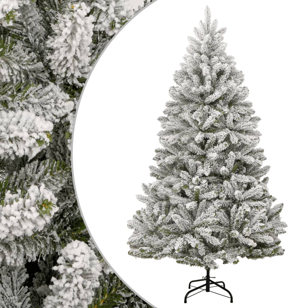 A 7ft artificial hinged Christmas tree with flocked snow on PVC branches and a metal stand.