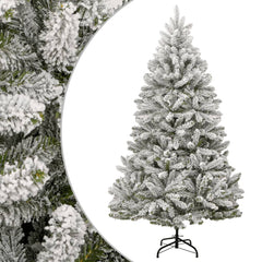 A 7ft artificial hinged Christmas tree with flocked snow on PVC branches and a metal stand.