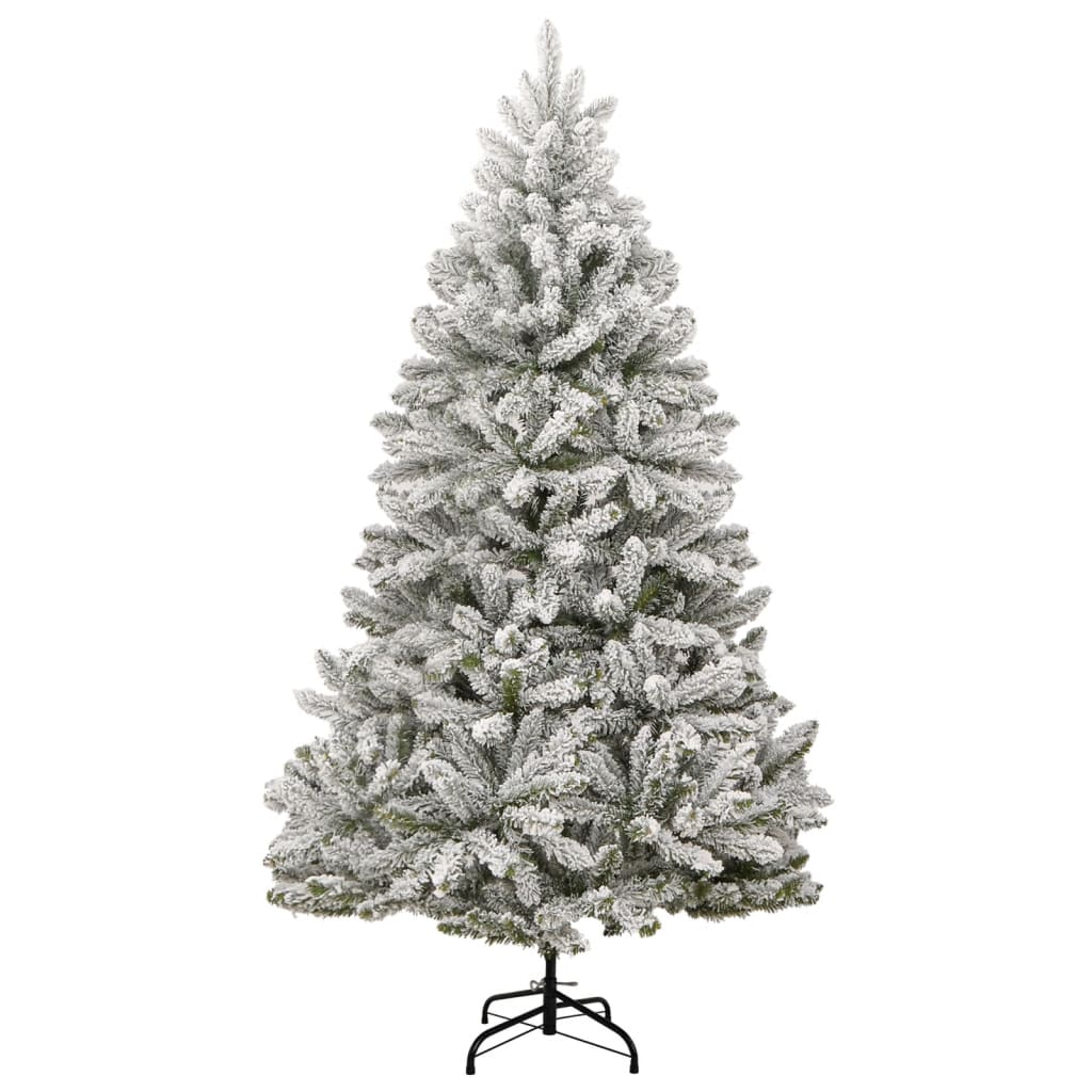 7ft artificial Christmas tree with hinged flocked snow-covered branches on metal stand