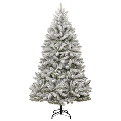 7ft artificial Christmas tree with hinged flocked snow-covered branches on metal stand