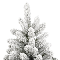 A 7ft artificial hinged Christmas tree with flocked snow on branches.