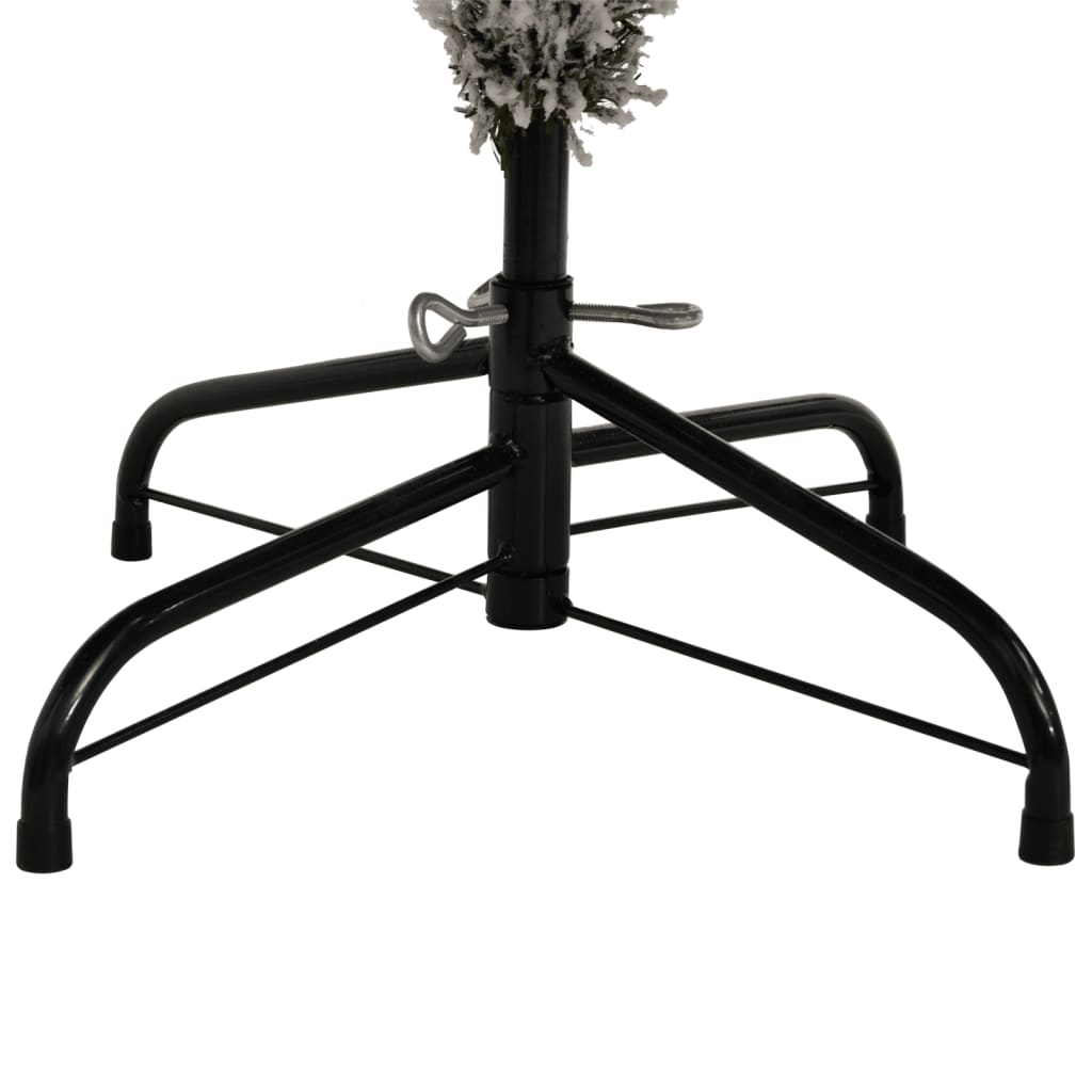Black metal stand with four legs supporting a 7ft artificial flocked snow Christmas tree.