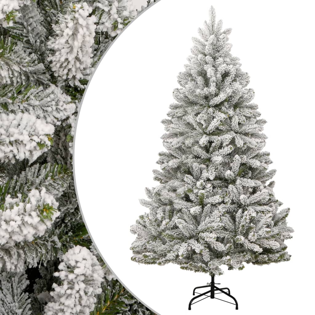 A 94.5-inch flocked snow artificial hinged Christmas tree with a sturdy metal stand.