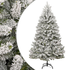 A 94.5-inch flocked snow artificial hinged Christmas tree with a sturdy metal stand.