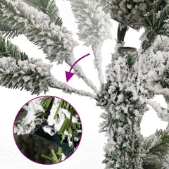 94.5-inch flocked artificial Christmas tree with hinged branches and snow-dusted tips.