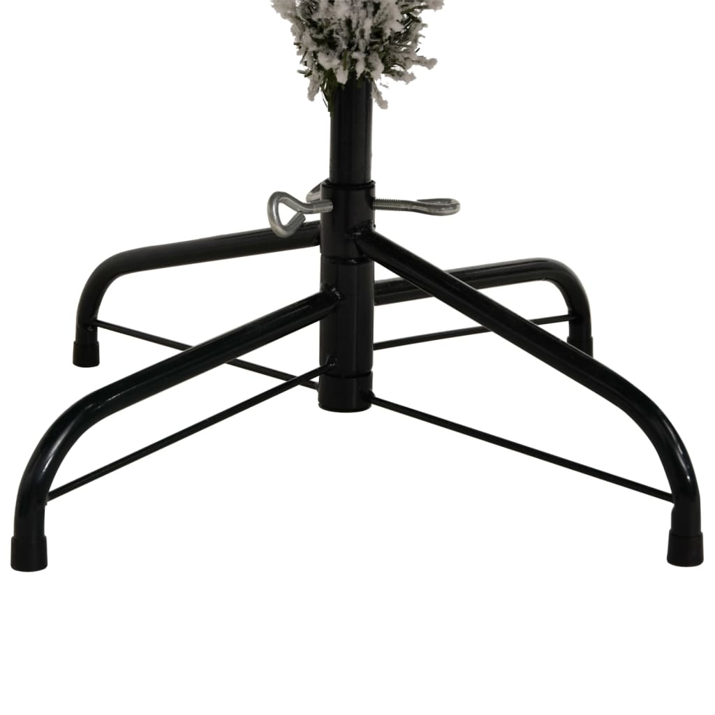 Black metal stand with four legs supporting a flocked snow artificial Christmas tree base.