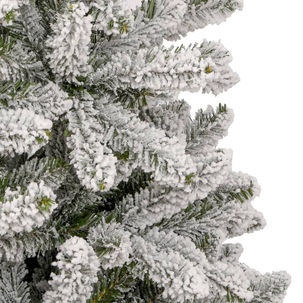 A 94.5-inch flocked snow artificial hinged Christmas tree with realistic snow-dusted branches.