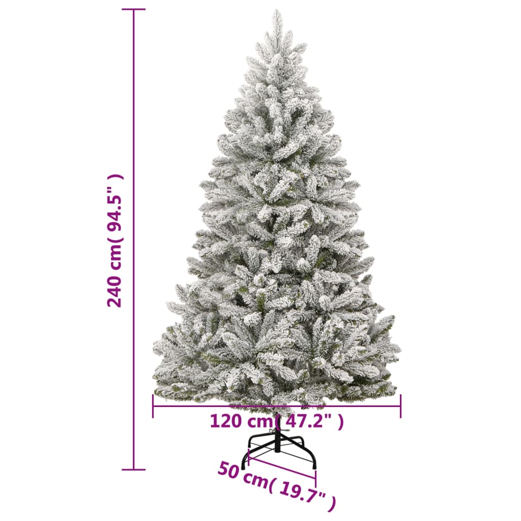 A 94.5-inch flocked snow artificial Christmas tree with hinged branches and a 47.2-inch base stand.