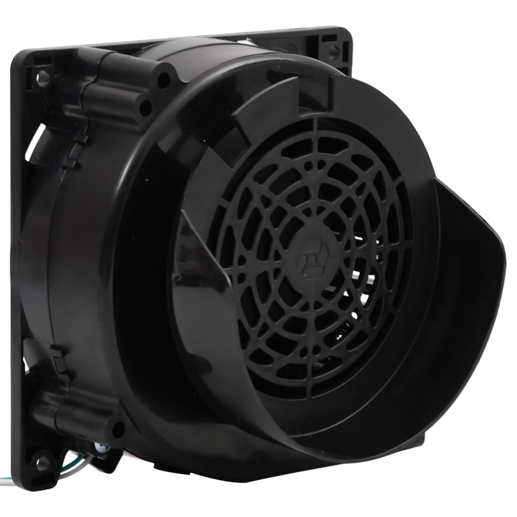 Black square axial fan with wire guard and mounting brackets.