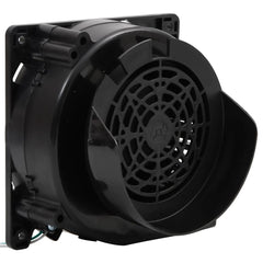 Black square axial fan with wire guard and mounting brackets.