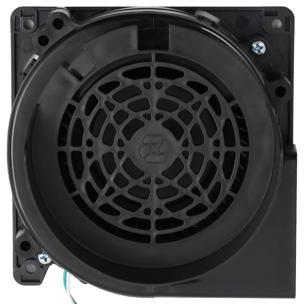 Black square fan unit with mesh grille and green wire for LED string lights.
