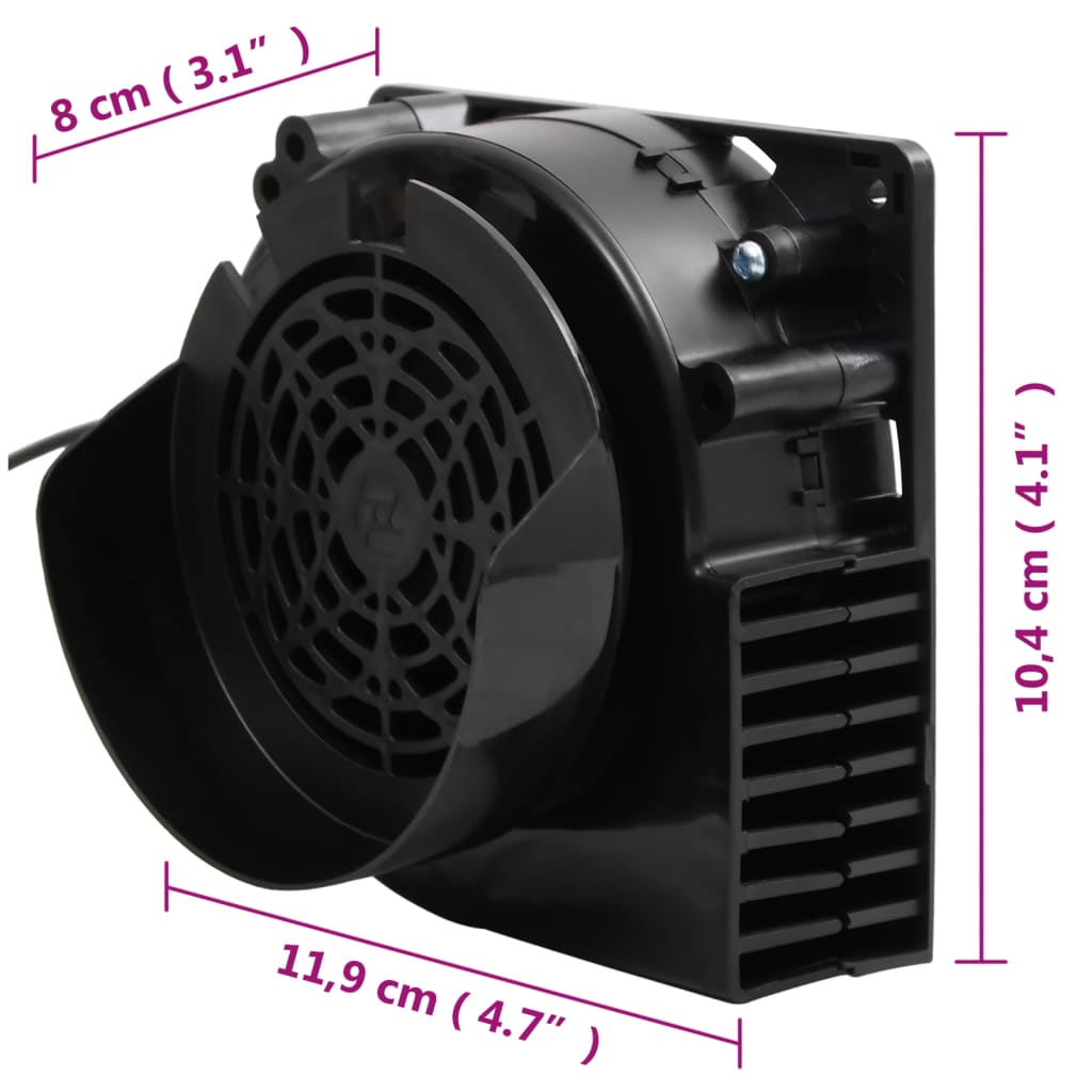 Black square fan unit with intake and exhaust vents, measuring 11.9 cm by 10.4 cm by 8 cm.