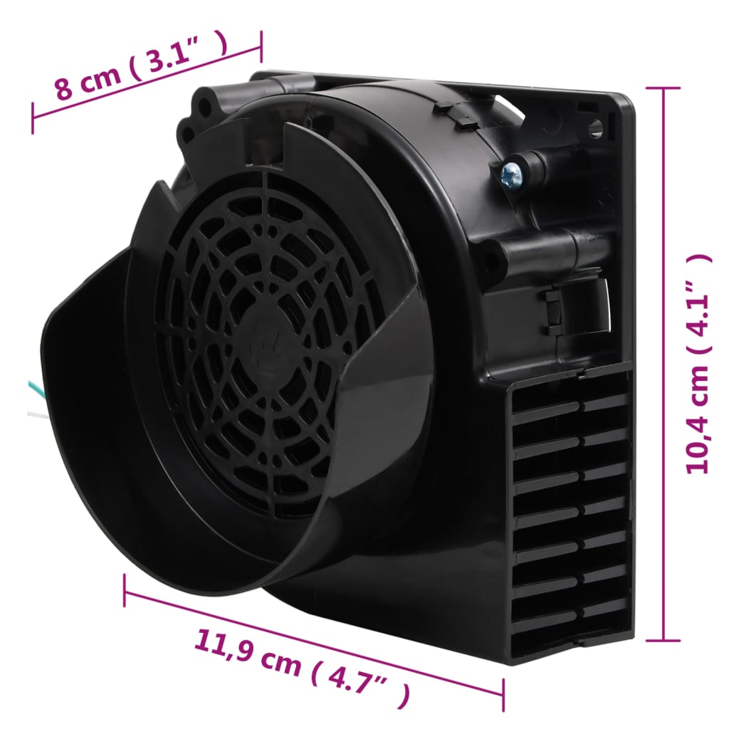 Black square fan unit with vents and mounting clips, measuring 11.9 by 10.4 by 8 cm, for LED string lights.