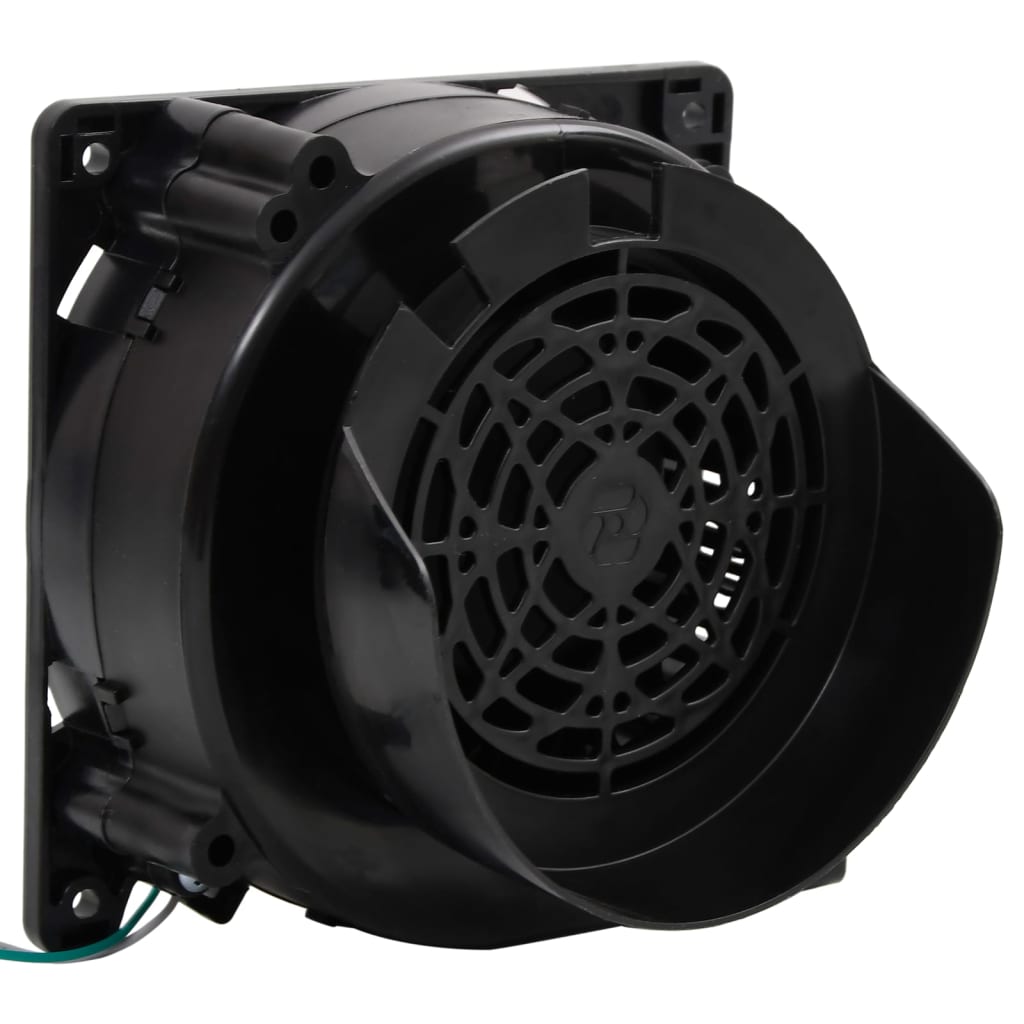 Black square industrial fan with wire guard and mounting brackets.